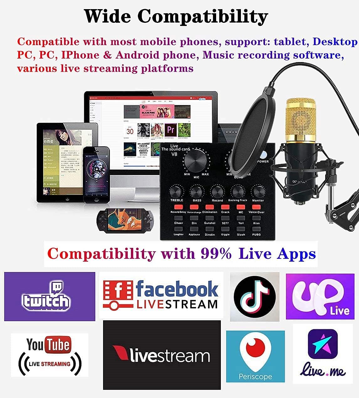 Podcast Equipment Bundle, BM-800 Podcast Microphone bundle with v8 Sound Card, Condenser Studio Microphonefor Laptop Computer Vlog Living Broadcast Live Streaming YouTube TikTok Pack of 2