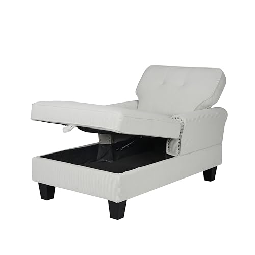 Corduroy Chaise Lounge with Storage, Indoor Sofa Bed Chair, Upholstered Lounge Chair for Bedroom, Living Room (Beige)
