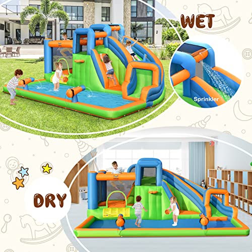 HONEY JOY Inflatable Water Slide, 7 in 1 Giant Water Park Bounce House for Outdoor Backyard, Splash Pool, Water Cannons & Climbing Walls, Blow up Water Slides Inflatables for Kids and Adults