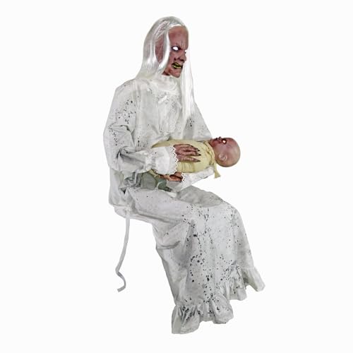 Haunted Hill Farm Life-Size 2.9-Ft Animatronic Gravely Granny by Tekky Halloween Decoration with Motion-Activated Sounds