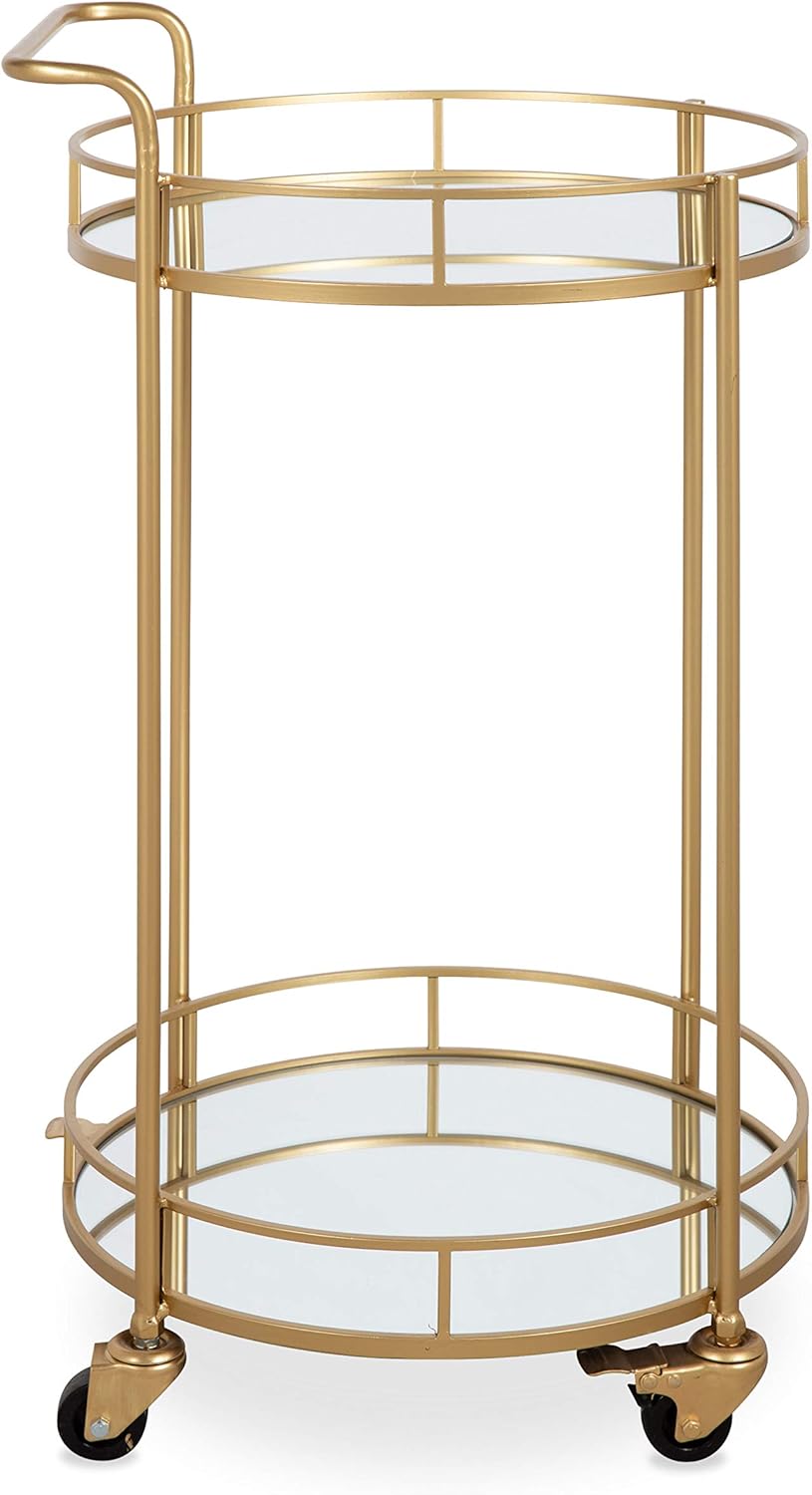 Kate and Laurel Deveaux Modern Metal and Glass Bar Cart, 17.75 x 17 x 30, Glam Gold Finish and Rolling Wheeled Design