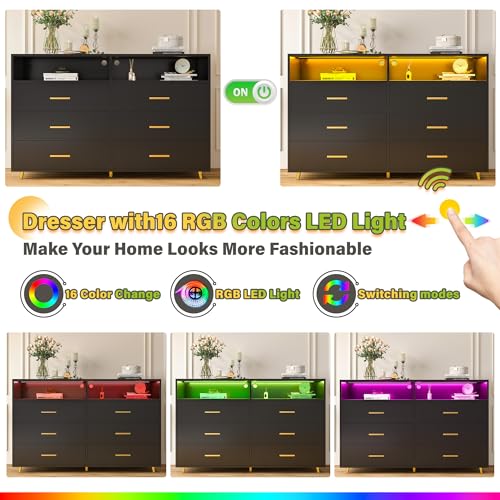 EnHomee Dresser for Bedroom, Black Dresser & Chests of Drawers, 6 Drawer Dressers with LED, Wood Dresser，Bedroom Dresser with Large Organizer，Modern Dresser Bedroom Furniture for Bedroom Closet
