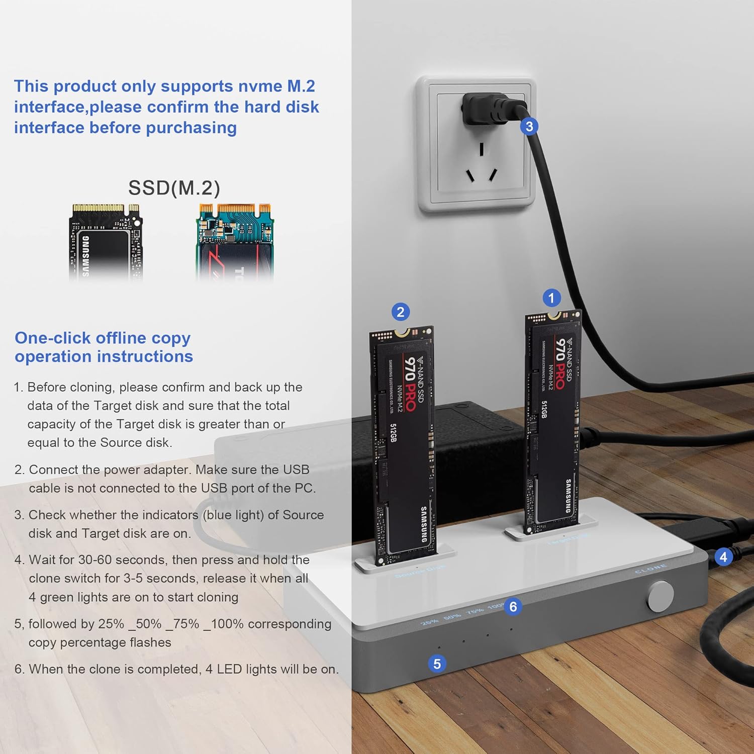 M.2 NVMe Cloner Duplicator, USB C 3.1 Gen 2 10Gbps Dual-Bay M.2 NVMe Docking Station for M.2 NVMe SSDs, Support Offline Clone Function and Tool-Free Installation(Support Up to 8TB)