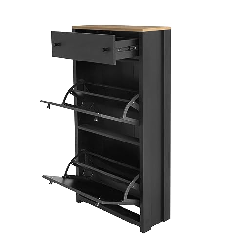 Knocbel Entryway Narrow Shoes Cabinet with 2 Adjustable Shelves and Top Drawer, Entrance Hallway Foyer Freestanding Storage Organizer Unit 12 Pairs Shoe Rack (Black)