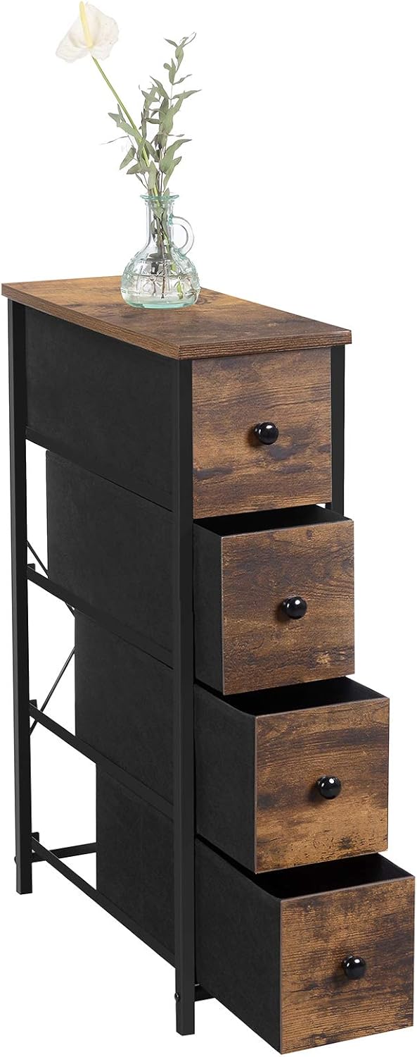 SONGMICS Narrow Dresser, Vertical Storage Unit with 4 Fabric Drawers, for Small Spaces and Gaps, Metal Frame, Slim Storage Tower, for Living Room, Laundry, Closet, Rustic Brown and Black ULGS041B01