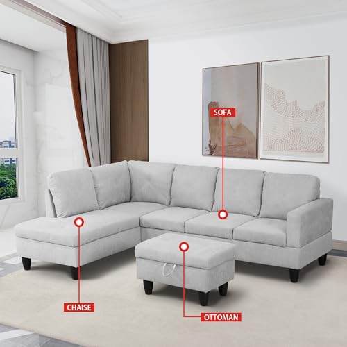 Modern L Shaped Sectional Sofa with Storage Ottoman, Chaise Lounge, Microfiber Cushions, Corner Couch for Living Room, Apartment, Beige