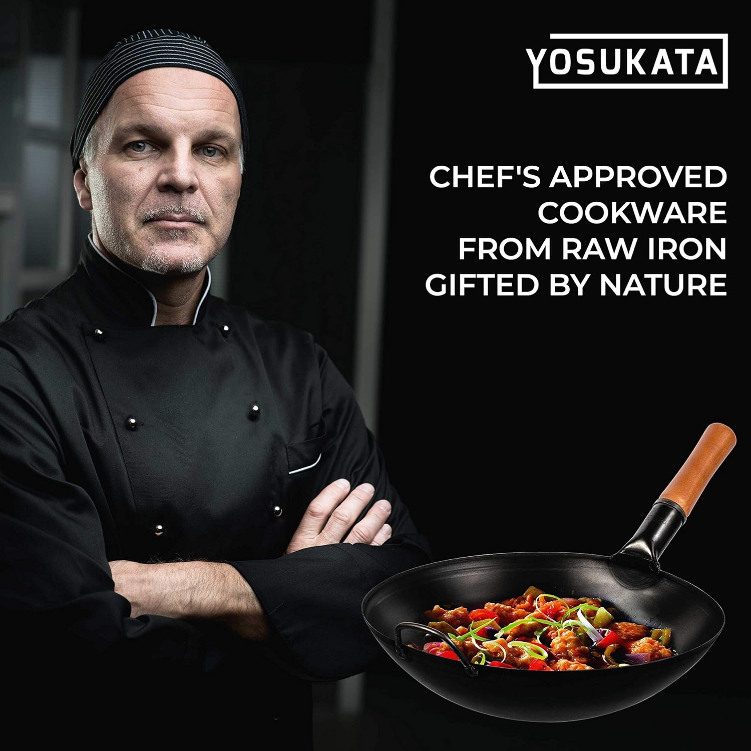 YOSUKATA Carbon Steel Wok Pan - 14 �� Woks and Stir Fry Pans - Chinese Wok with Round Bottom Wok - Traditional Chinese Japanese Woks - Black Steel Wok