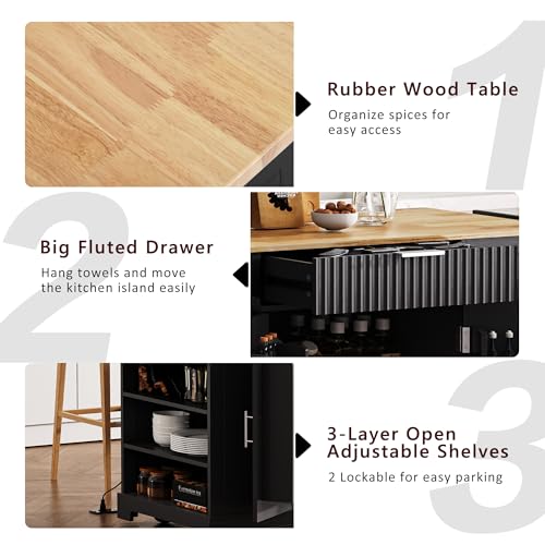 60" Kitchen Island with Drop Leaf and Power Outlet, Rolling Kitchen Cart on Wheels with Trash Can Storage Cabinet, Spice Rack, Towel Rack and Adjustable Shelf for Dining Room