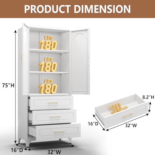 Metal Storage Cabinet with Doors and Shelves, 71 Inch Tall Kitchen Pantry Cabinet, Pantry Cabinets for Kitchen Storage, Freestanding Cupboard for Living, Dining Room, White, Assembly Required