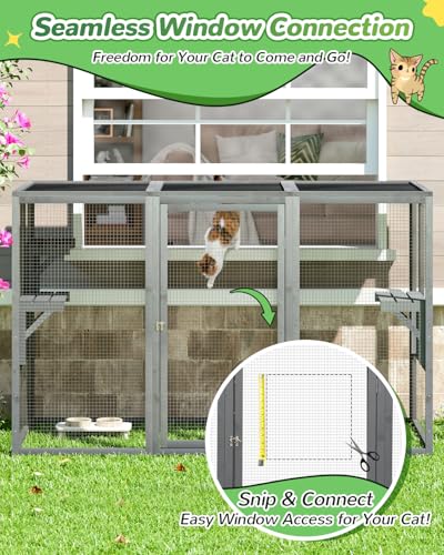 Catio Outdoor Cat Enclosure,71" L Outside Cat House Weatherproof, Wooden Large Catios for Cats Patio, Cat Houses with 3 Platforms,Grey