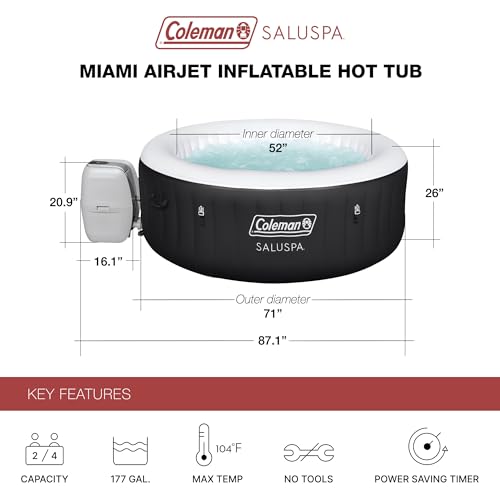 Coleman SaluSpa Miami AirJet 2 to 4 Person Round Inflatable Hot Tub Portable Outdoor Spa with 120 Soothing AirJets and Insulated Cover, Black