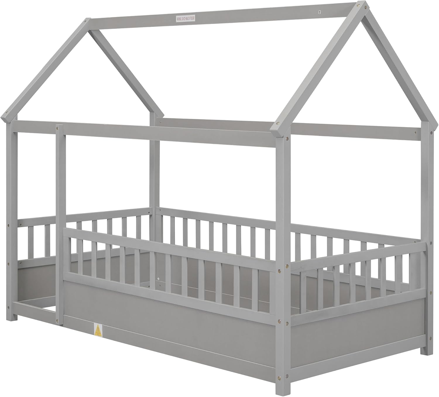House Floor Bed Twin Size, Twin Montessori Floor Bed with High Fence, Twin Size House Bed for Kids, Girls, Boys(Twin Gray)