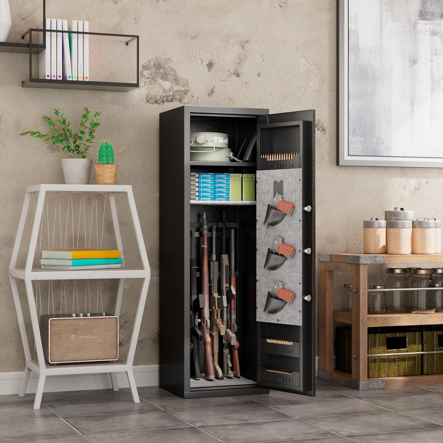 Gun Safes Cabinets Biometric Fingerprint Gun Safes Fireproof for 5 Home Rifle Shotguns and 3 Pistols with 3 Ammunition Storage Rack and Led Light