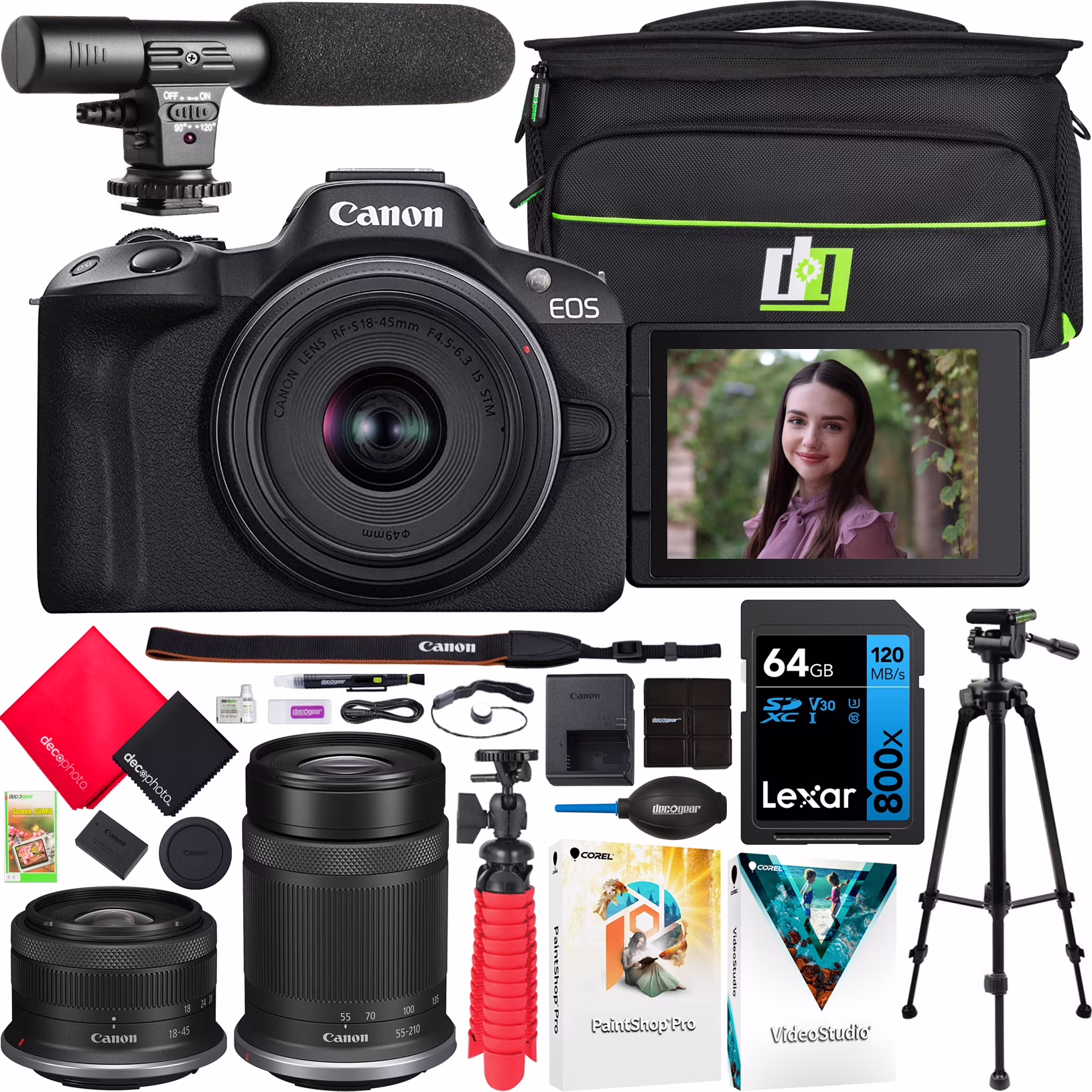 Canon EOS R50 Mirrorless Camera Body with 2 Lens Kit RF-S 18-45mm IS STM and RF-S 55-210mm IS STM 5811C022 Bundle with Deco Gear Photography Bag + Microphone + Tripod + Software & Accessories Kit