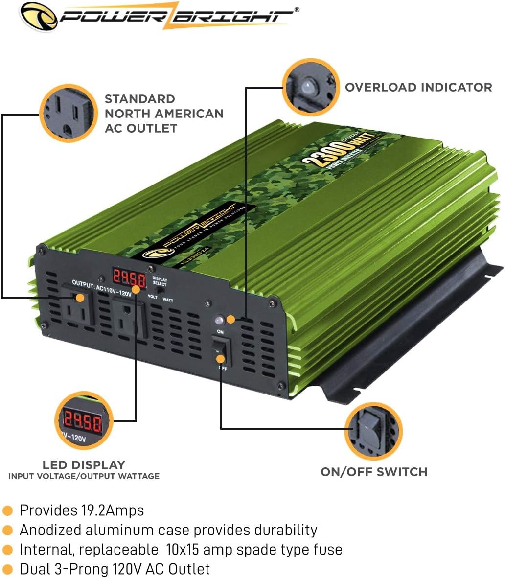 PowerBright 3500 Watt Power Inverter, DC 24V to 120V AC Car Inverter w/ Four AC Outlets, LCD Digital Display & Wireless Remote Control - CE Approved