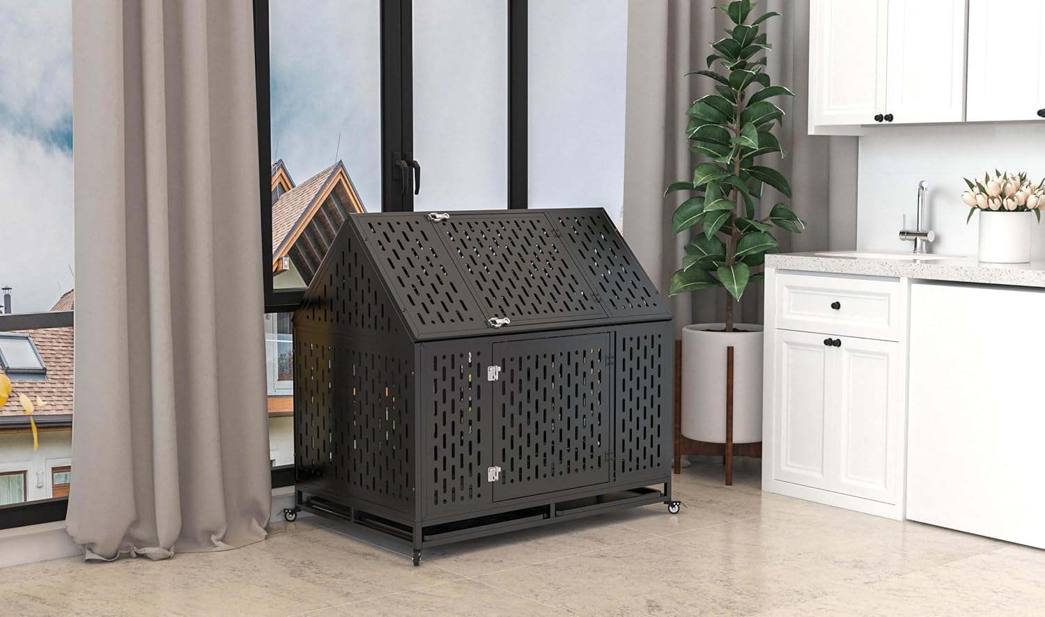 45 inch Heavy Duty Dog Crate with Locking Latch, Large Kennel with Pointed Roof, Indestructible and Escape-Proof Pet Cage for High Anxiety Dogs, XL Dog Crate