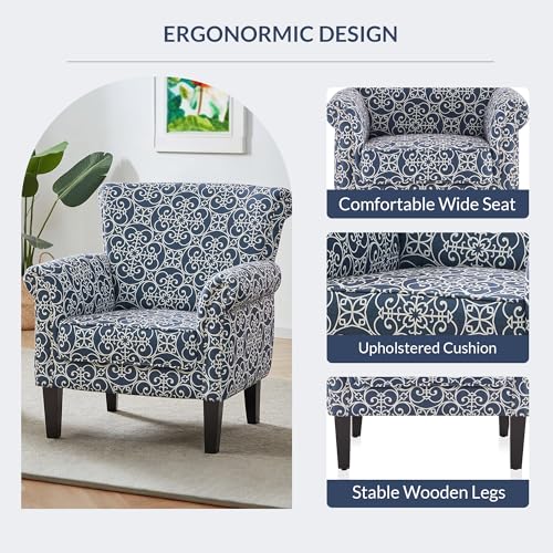 BELLEZE Upholstered Wingback Accent Chair, Fabric Armchair Club Chair, Nailhead Trim High Back Patterned Corner Chair for Living Room Bedroom - Rosette (Navy Blue/White)