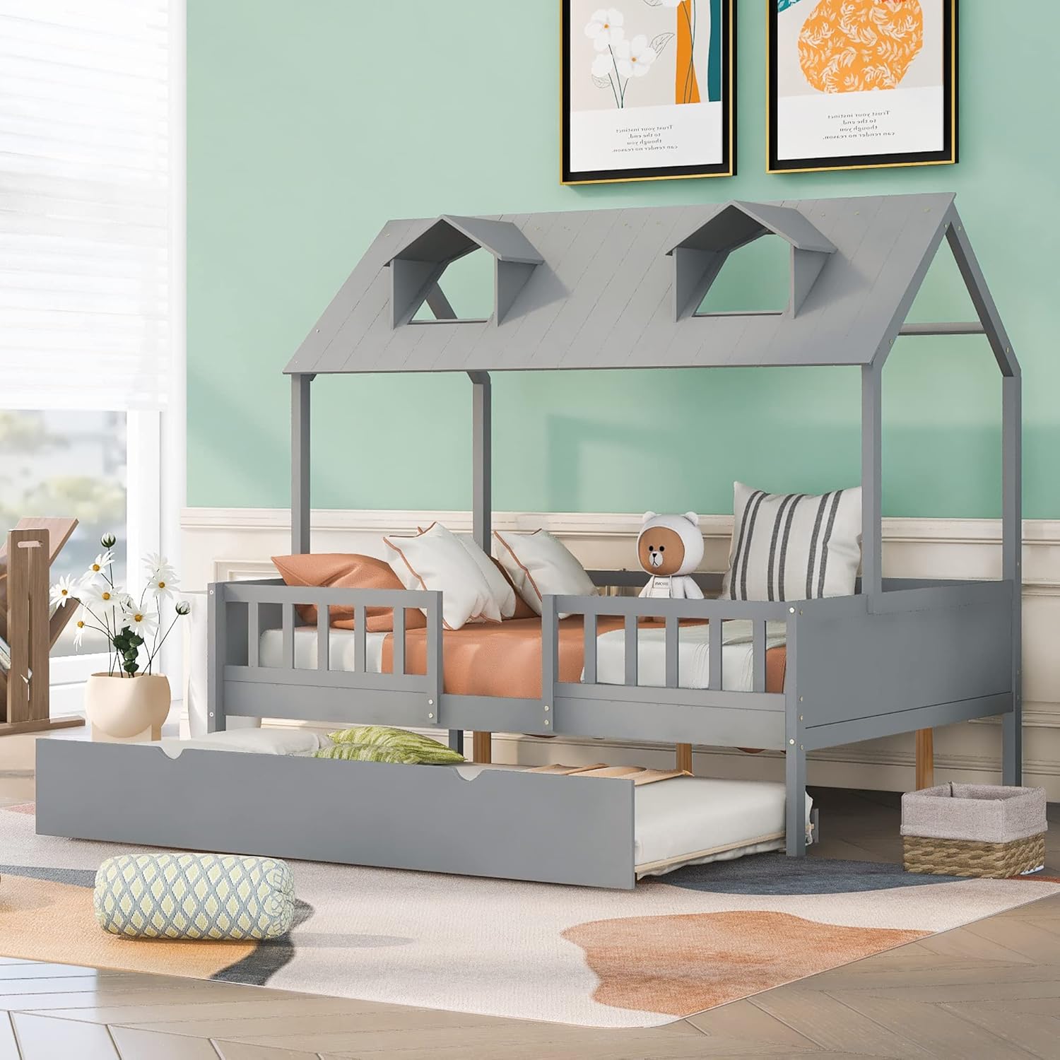 Petfu Double Bed Wood/Twin Bed, Ground Deck Bed/Cottage/Sofa Bed/Folding Roller Bed with Double Bed Castor, Double Bed Frame, with Safety Bar, for Children/Teenagers (Grey)