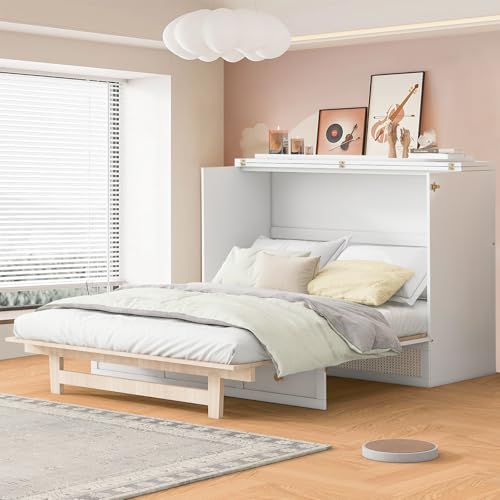Full Size Murphy Bed,Multi-Functional Night & Day Furniture Murphy Cabinet Bed,with Large Drawers,Hidden Murphy Bed for Bedroom, Guest Room,White