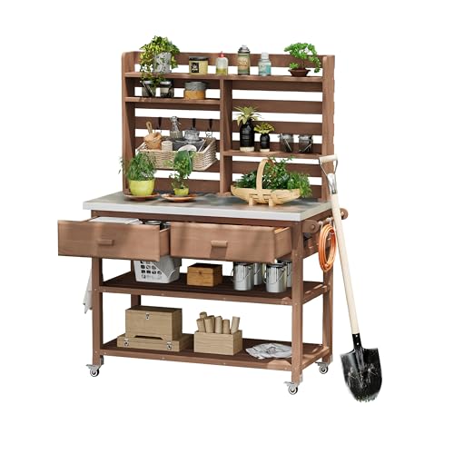 Outdoor Wooden Potting Bench Table – Farmhouse Garden Workstation with Drawers, Cabinet & Storage Shelves, Large Fir Wood Work Table for Patio, Backyard, Mudroom, Greenhouse (Light Brown, 66''H)