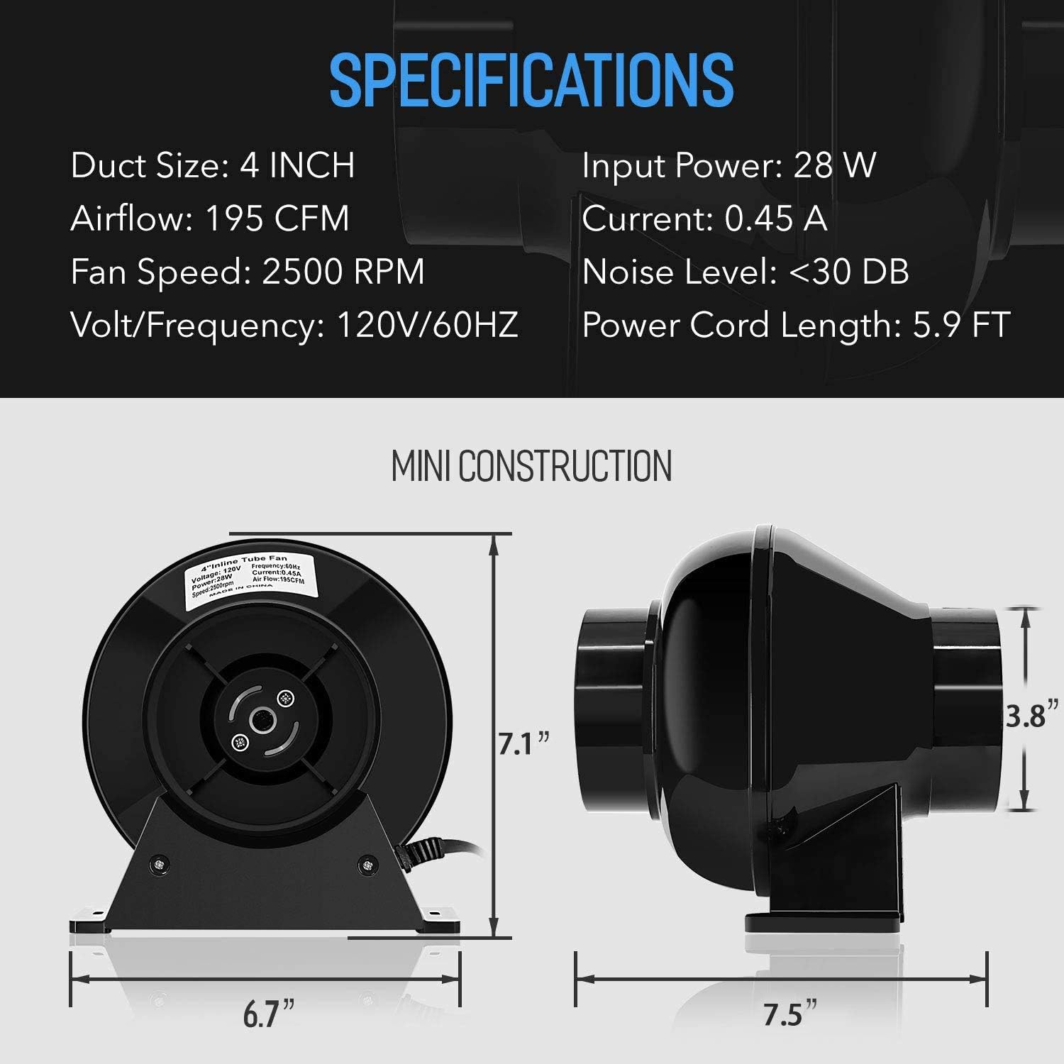 iPower 4 Inch 195 CFM Inline Fan Circulation Vent Blower, Air Carbon Filter and 8 Feet Flexible Ducting for Grow Tent Ventilation, Exhaust, 4 Fan & Filter, HVAC Heating Cooling