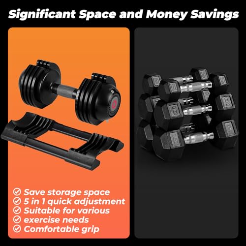 22LB/52LB Adjustable Dumbbells, 5 Weight Options Dumbbell with Anti-Slip Metal Handle for Exercise & Fitness Fast Adjust Weight for Full Body Workout Fitness