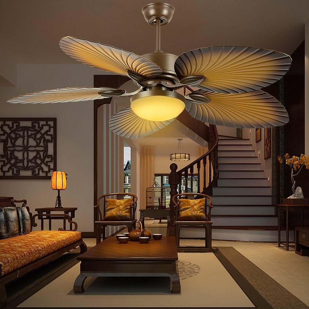 52" Tropical Palm Ceiling Fan with LED Light and Five Palm Leaf Blades - New Bronze Finish
