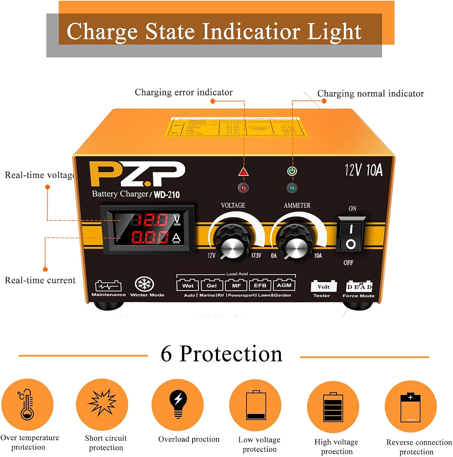 12 Volt Manual Battery Charger Automotive 12v/10a Smart Battery Charger for Marine Boat Battery Trickle Charger 10A with Adjustable Current and Voltage Professional Battery Maintainer by PZ.P