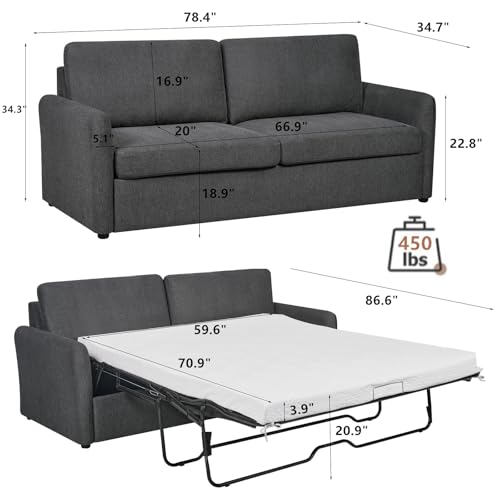 86.6" Sleeper Sofa Couch with Pullout Bed, Loveseat Sleeper Sofa Bed with Pull Out Couch, 2 in 1 Convertible Queen Sleeper Sofa with Memory Foams Mattress for Living Room (Dark Grey)