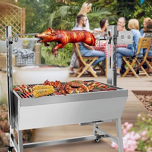 Stainless Steel Rotisserie Grill With Back Cover Guard, 25W Motor Small Pig Lamb Rotisserie Roaster, 37 Inch BBQ Charcoal Rotisserie Grill For Camping Outdoor Kitchen (with Baffle)
