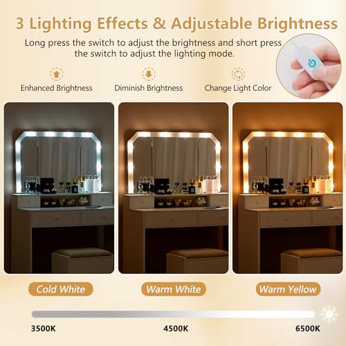 Quimoo Vanity Desk Set with LED Tri-Fold Lighted Mirror & Power Outlet, Makeup Vanity Table with 4 Drawers, Cushioned Stool, for Bedroom, Bathroom, White
