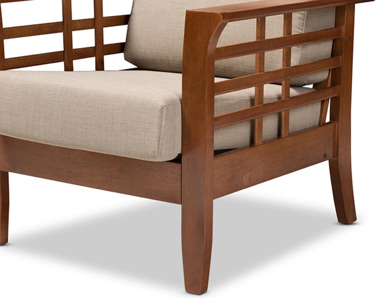 Baxton Studio Larissa Modern Classic Mission Style Cherry Finished Brown Wood and Dark Beige Fabric High Back Cushioned Living Room 1-Seater Lounge Chair