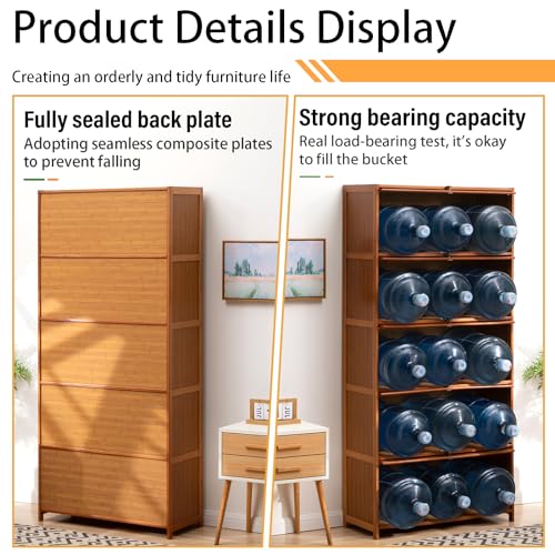 68” Curio Display Cabinet, 5 Tier Storage Cabinet with Acrylic Glass Door, Collectibles Toy Organizers Rack & Display Shelf, Kids Bookcase for Living Room, Toddler's Room, Bamboo (Wooden flip door)