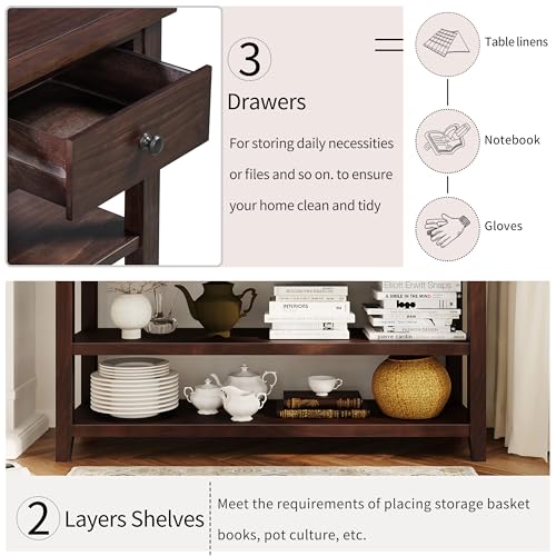 LUMISOL Retro Design Entryway Table with Storage Drawers and Shelves, Console Table with Pine Solid Wood Frame and Legs for Living Room, Espresso
