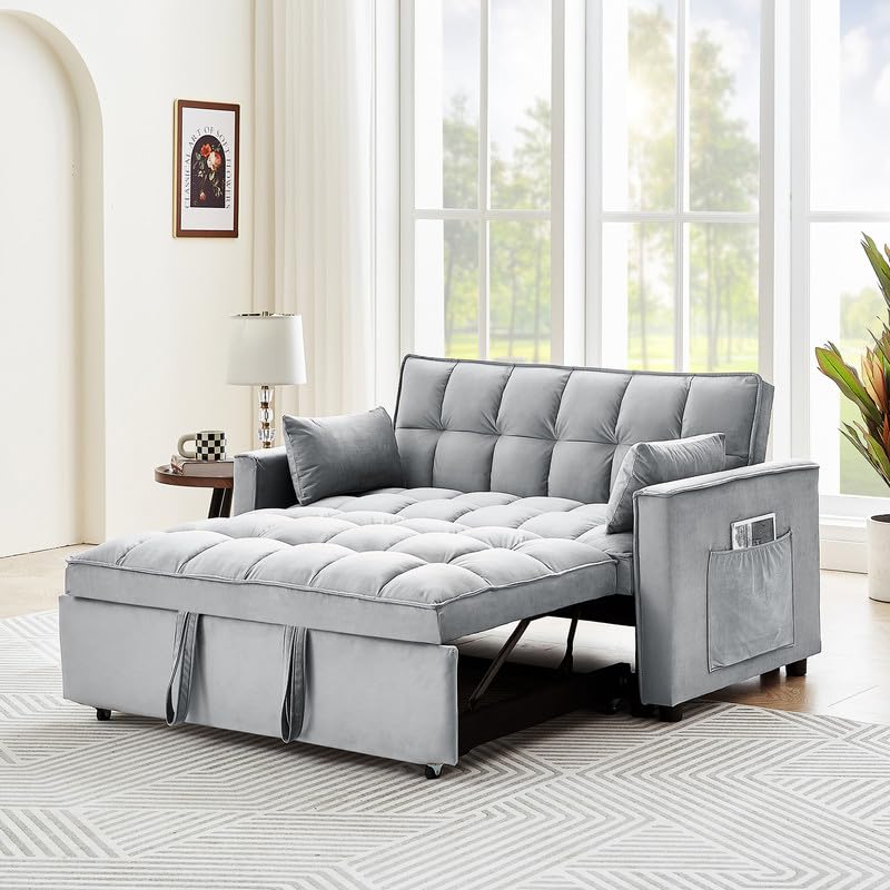 55" Convertible Sleeper Sofa Bed with USB Port, 3 in 1 Velvet Loveseat with Pull Out Bed, Small Love Seat Futon Couch Bed with 2 Pillows for Living Room Apartment,Beige