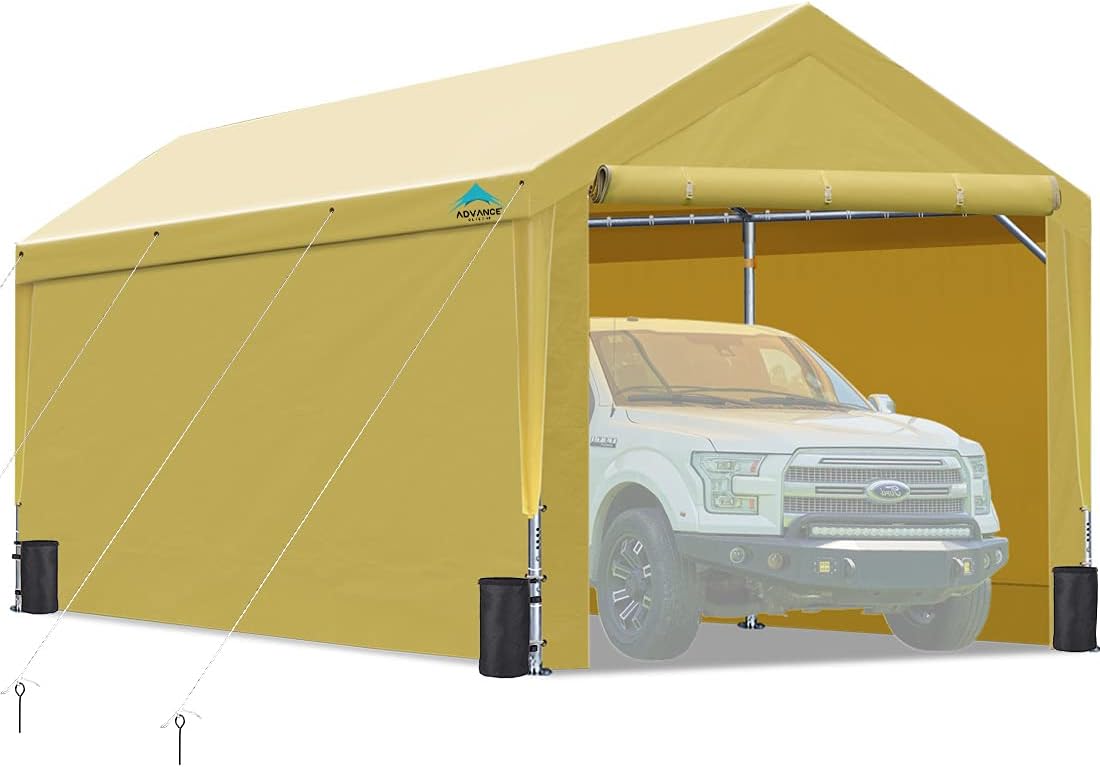 ADVANCE OUTDOOR Upgraded 10x20 ft Heavy Duty Steel Carport with Adjustable Height from 9.5 to 11 ft, Car Canopy Garage Party Tent Storage Shed Boat Shelter Portable with Sidewalls and Doors, Beige