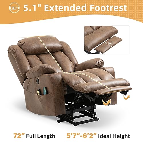 Large Electric Power Lift Recliner Chair with Extended Footrest for Elderly Big, Extra Large and Wide Reclining Sofa for Living Room, Home Theater Seating with Massage and Heat(Brown)