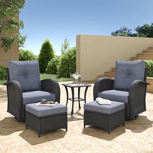 5 Pieces Wicker Patio Furniture Set, Luxury Outdoor Conversation Set with High Back Swivel Rocker Chairs