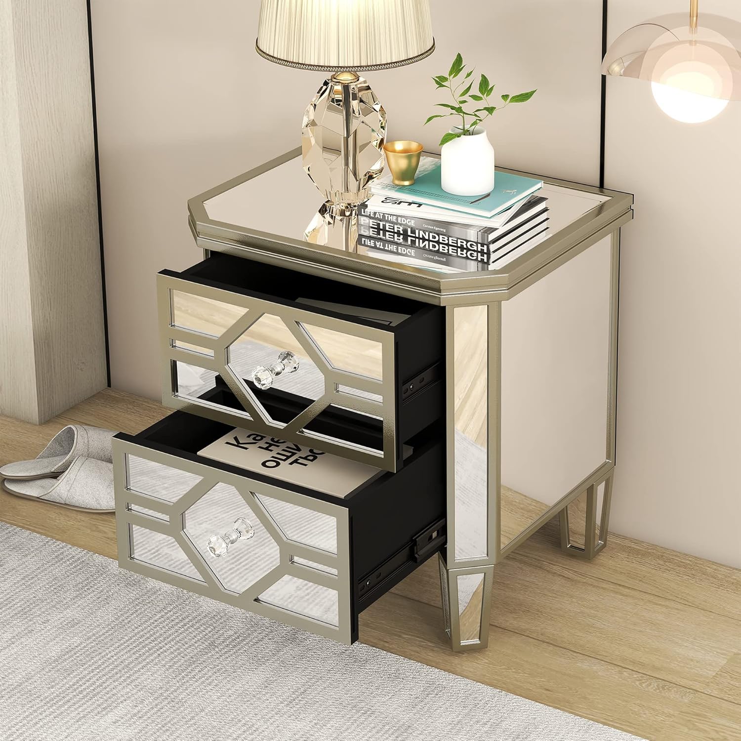 Harper & Bright Designs Mirrored 2-Drawer Nightstand End Table with Golden Lines, Side Table with Storage for Living Room,Bedroom(Silver)