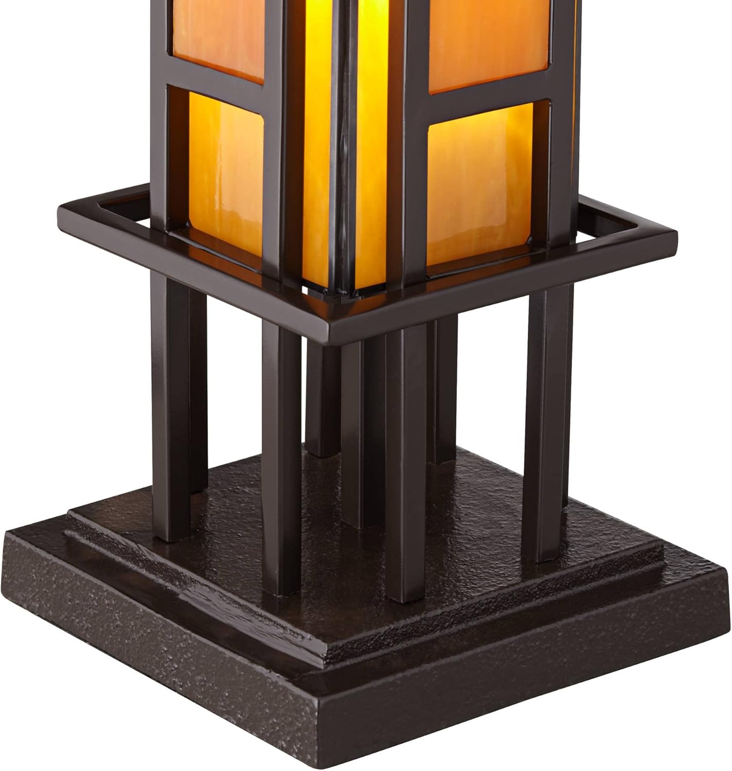 Robert Louis Tiffany Prairie Style Mission Rustic Pillar Accent Table Lamp Bronze Iron Column Hand-Cut Amber Stained Art Glass for Living Room Bedroom House Bedside Nightstand Home Office Family