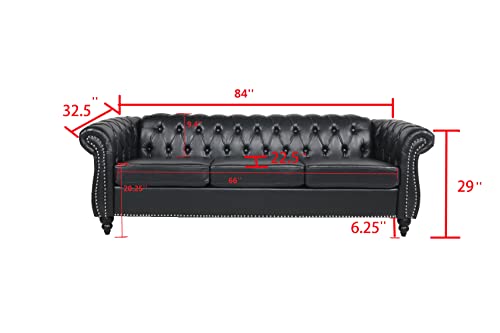Chesterfield Sofa Leather, 84" Upholstered Tufted Couch 3 Seater with Rolled Arms and Nailhead for Living Room, Bedroom (Dark Brown)