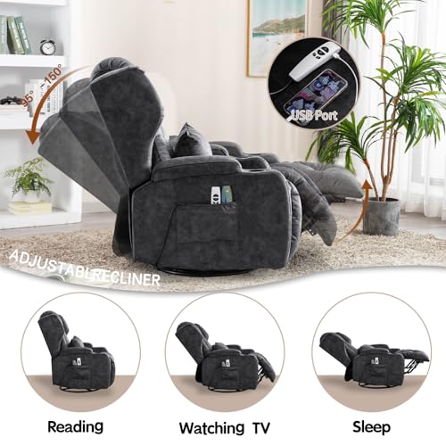 Power Recliner Chair, 270° Swivel Rocker Recliner Chair for Adult with Massage & Heat, Electric Swivel Glider Reclining Sofa Chair for Living Room with USB, Led Light, Lumbar Pillow (Grey)