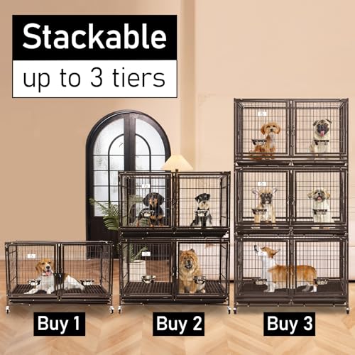 Homey Pet 43 inch Dog Crate 2 Floor Stackable Heavy Duty Dog Kennel Dog Grooming Cage with Detachable Divider, Additional Tray