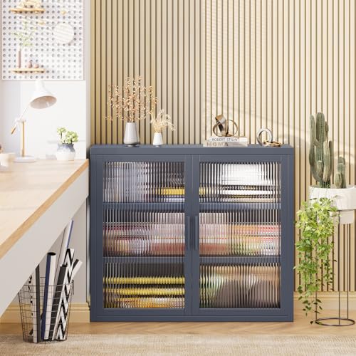 Retro Style Haze Double Glass Door Wall Cabinet with Detachable Shelves for Office, Dining Room,Living Room, Kitchen and Bathroom White