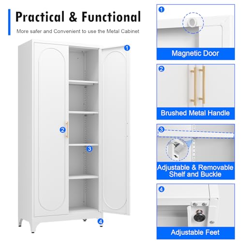 Metal Storage Cabinet with Doors and Shelves, 71 Inch Tall Kitchen Pantry Cabinet, Pantry Cabinets for Kitchen Storage, Freestanding Cupboard for Living, Dining Room, White, Assembly Required