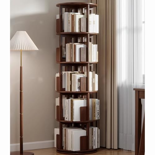 Solid Wood rotating bookshelf tower 4/5/6 vertical corner bookshelf tower 360° Floor Standing Bookcase Storage Rack Bookshelve Storage Display Rack for Living Room Study Room Office(Cherry wood,46*46*