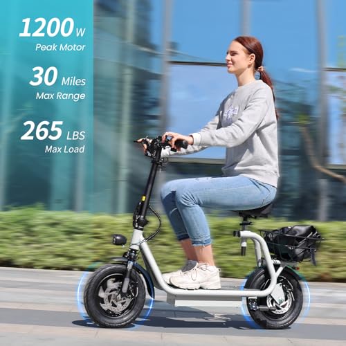 Caroma Peak 800W/1200W Electric Scooter Adults, 30 Miles Max Range, Foldable Electric Scooter with Seat, Front Suspension, Detachable Large Basket,Commuter E-Scooter for Adult and Teens