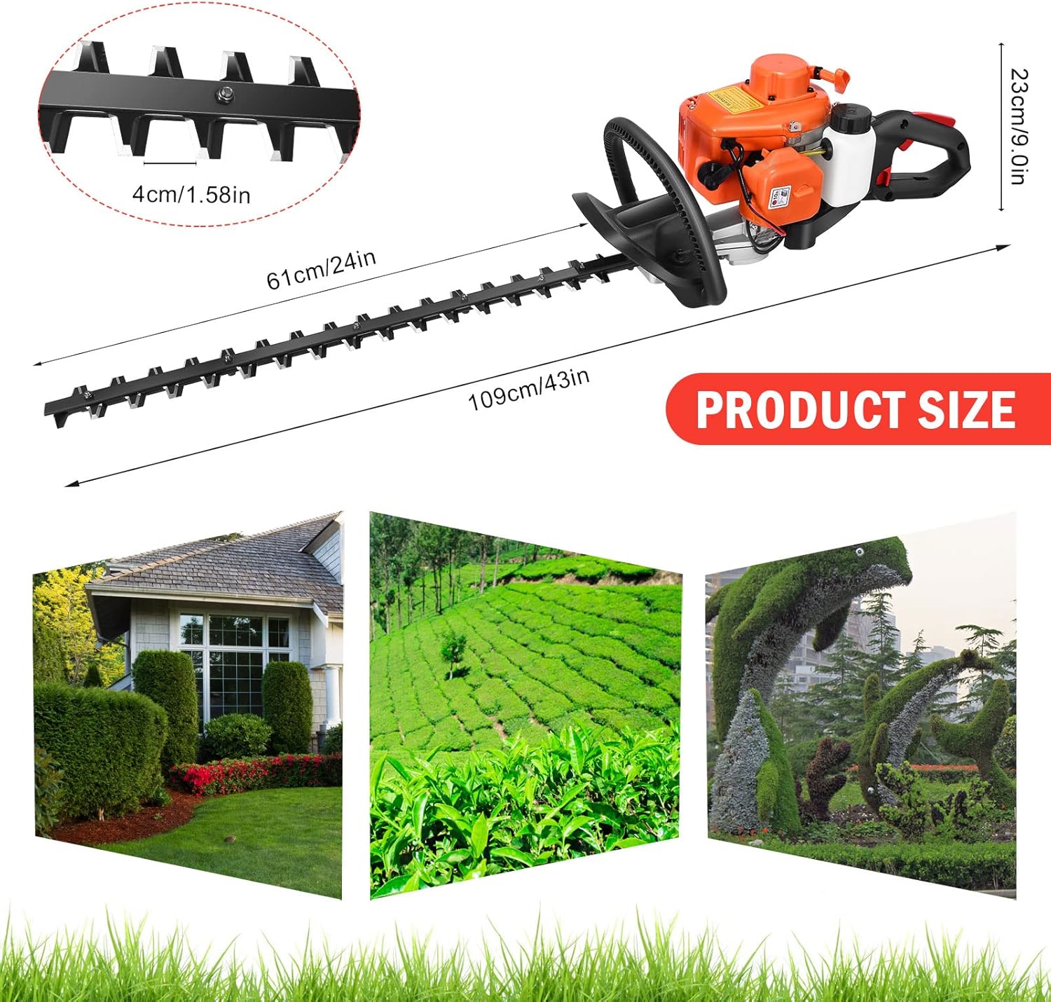 23.6cc Gas Hedge Trimmer, Pokytcox Cordless Trimmer 24" 2 Cycle Recoil Gasoline Trim Blade, Blade Double-Sided w/ Some Accessories