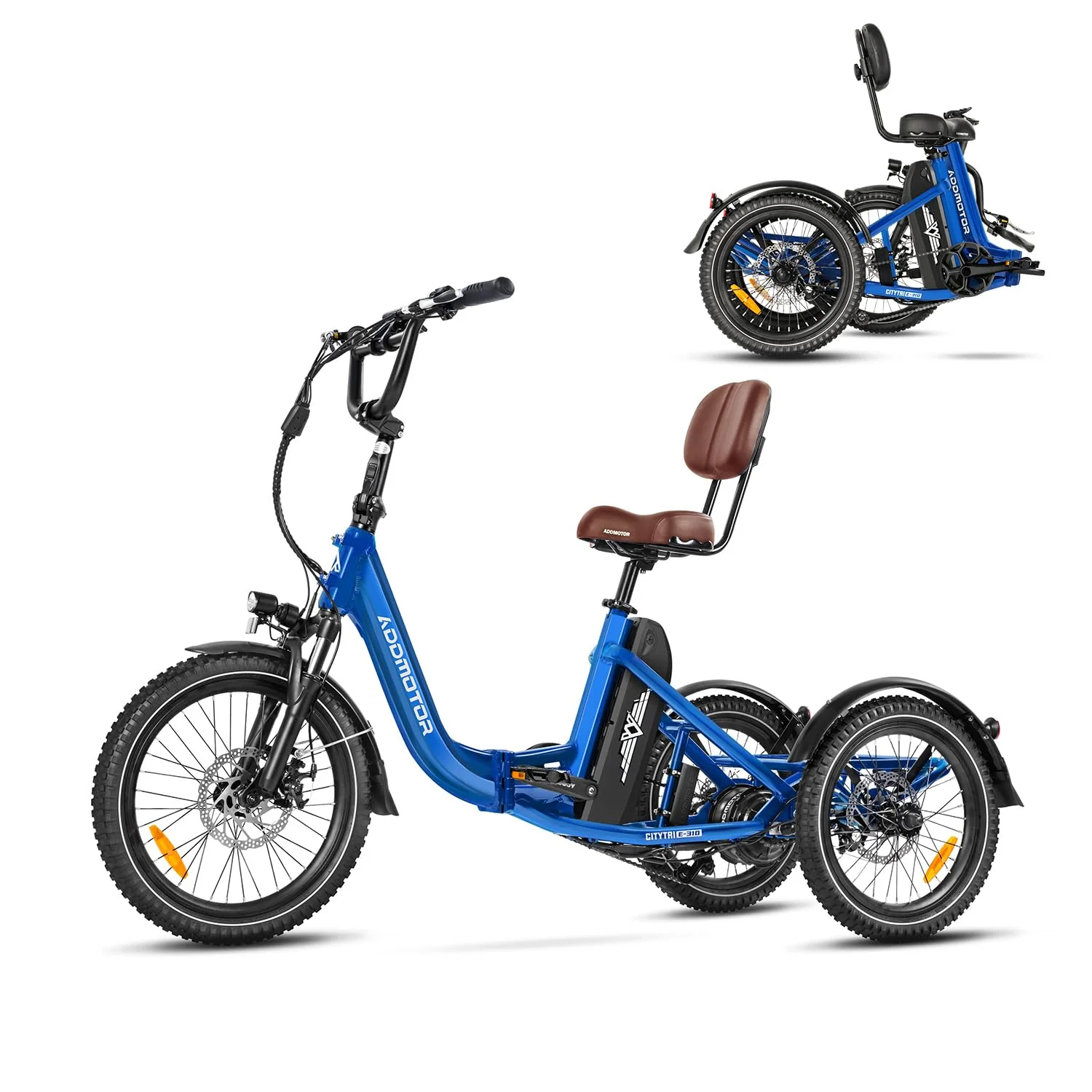 Addmotor Electric Trike, 750W (Peak 1400W) 90Miles Electric Tricycle for Adults, 48V 20Ah Folding 3 Wheel Electric Bikes with Parking Brake & Rear Speed Differential, E-310 Blue - Curated Treasures Market