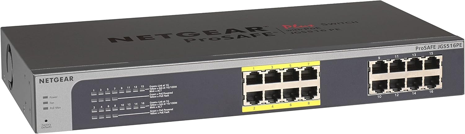 NETGEAR 16-Port Gigabit Ethernet Unmanaged PoE Switch (GS116PP) - with 16 x PoE+ @ 183W, Desktop, Wall Mount or Rackmount, and Limited Lifetime Protection